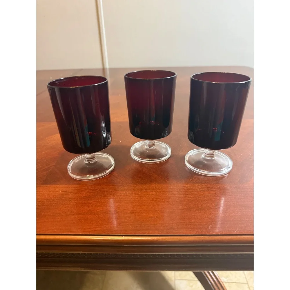 Vintage French Ruby Red Cordial Glasses Set of 3 Gothic Halloween Barware MCM